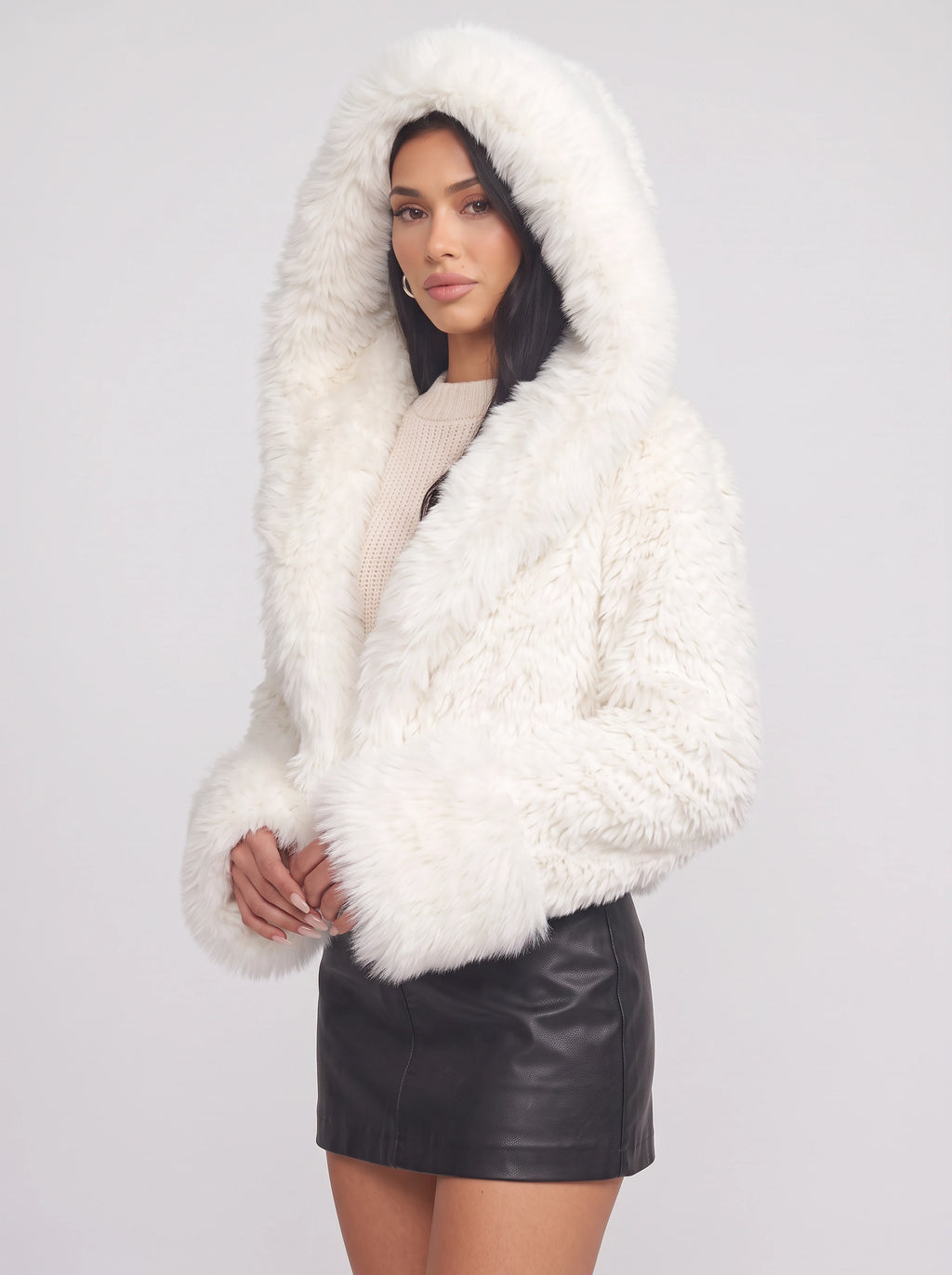 Cufflyn Hooded Faux Fur Jacket – Women Oversized Fluffy Winter Coat Evening Party Cropped Jacket