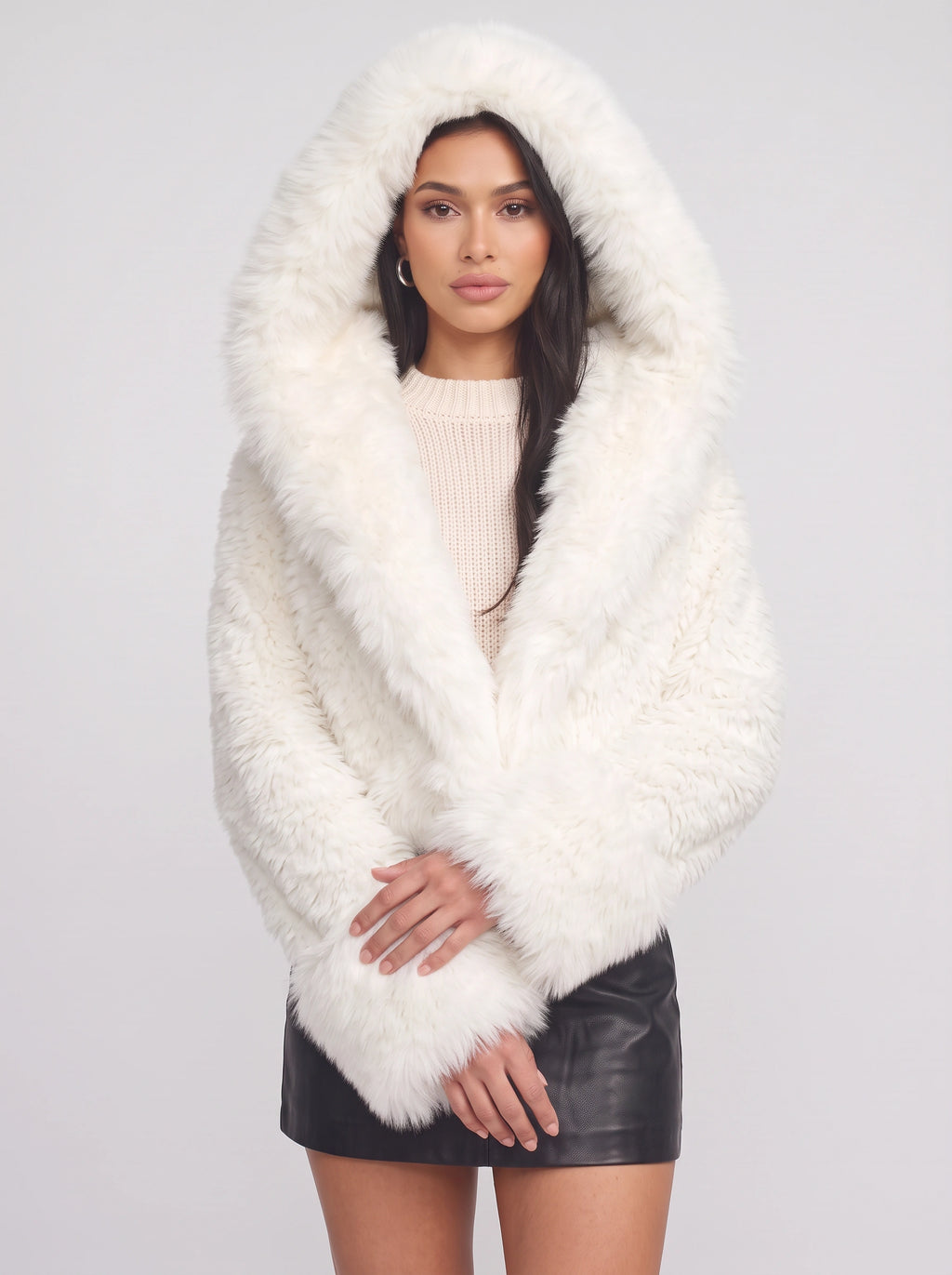 Cufflyn Hooded Faux Fur Jacket – Women Oversized Fluffy Winter Coat Evening Party Cropped Jacket