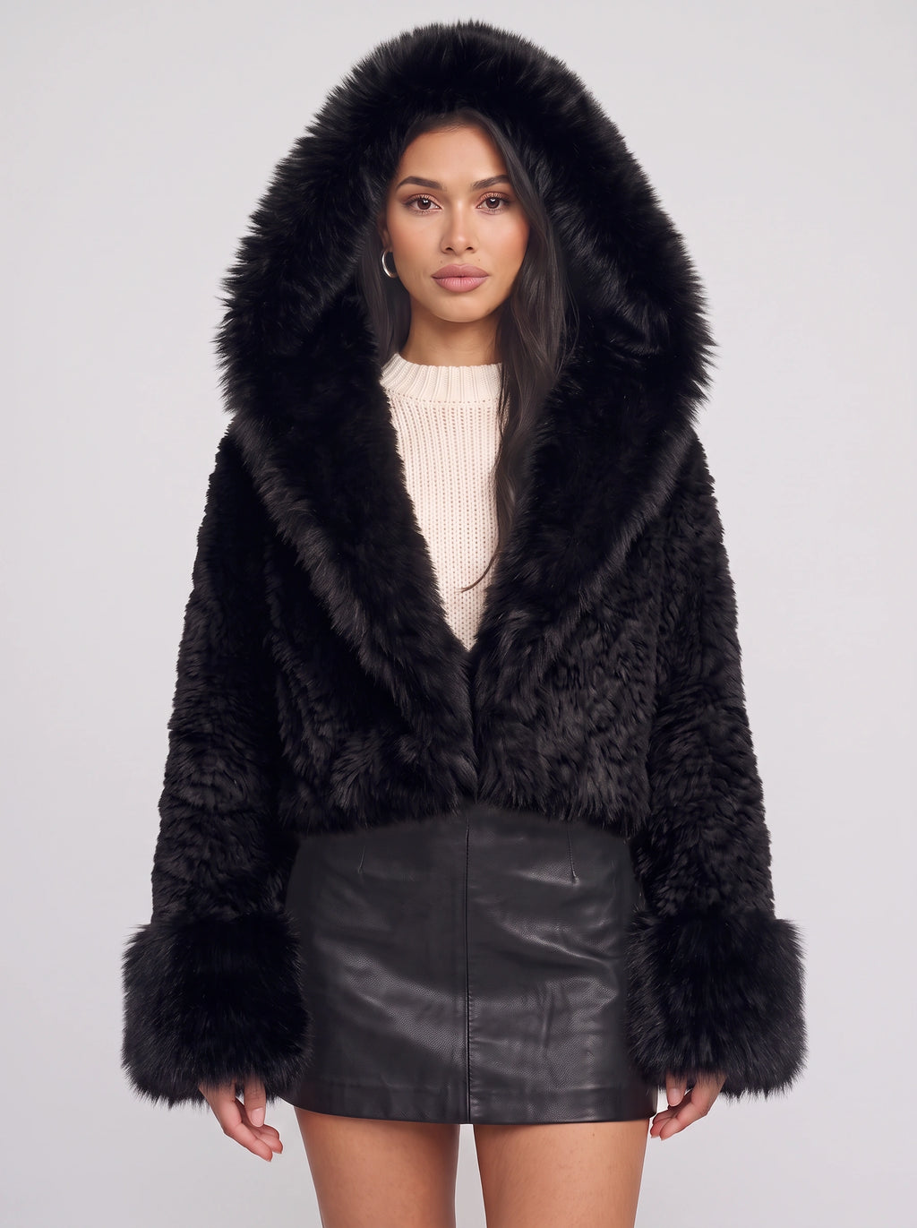 Cufflyn Hooded Faux Fur Jacket – Women Oversized Fluffy Winter Coat Evening Party Cropped Jacket