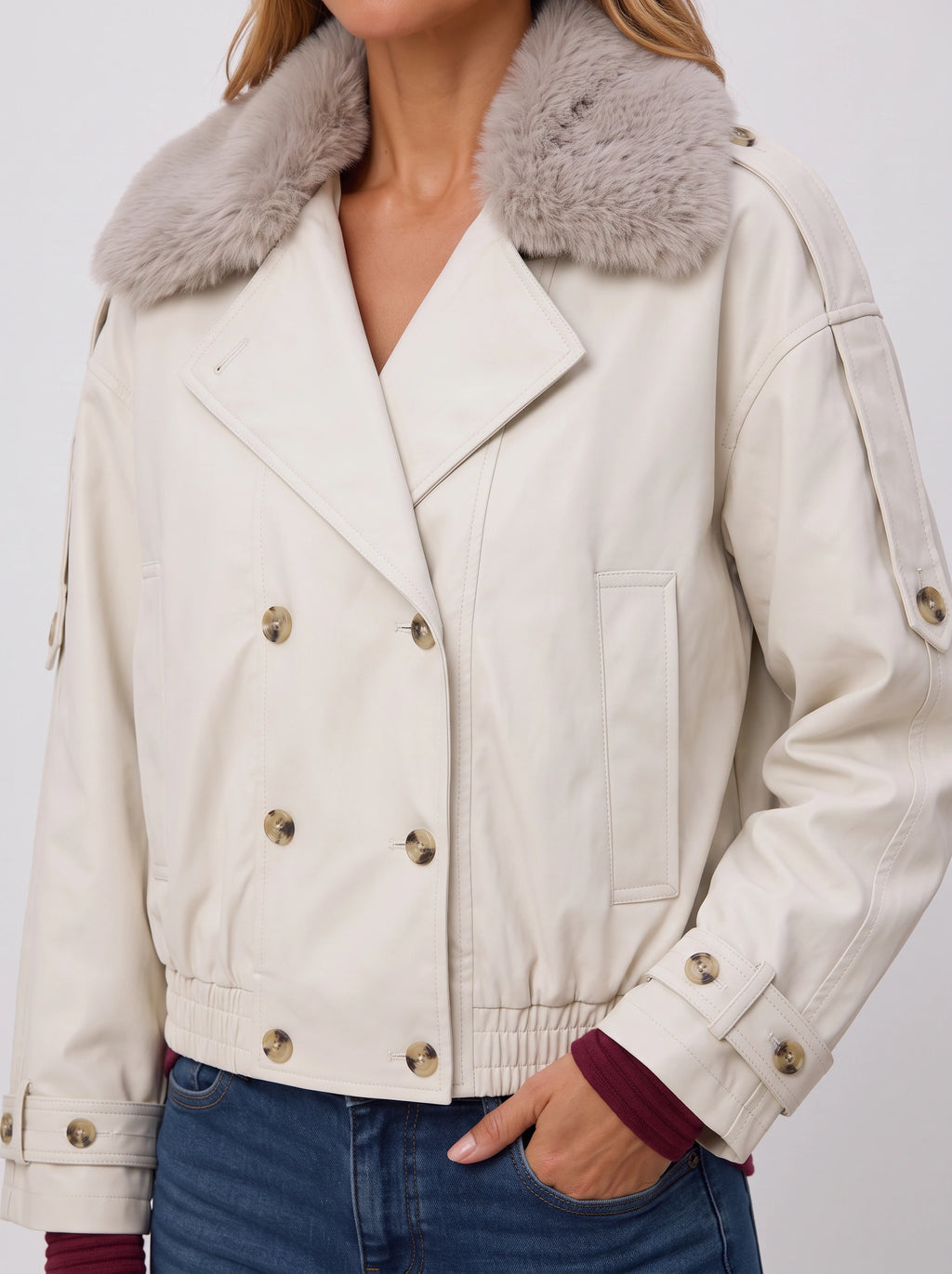 Furlette Faux Fur Double-Breasted Trench Jacket – Women Cropped Aviator Casual Winter Outerwear Blazer