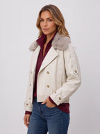 Furlette Faux Fur Double-Breasted Trench Jacket – Women Cropped Aviator Casual Winter Outerwear Blazer