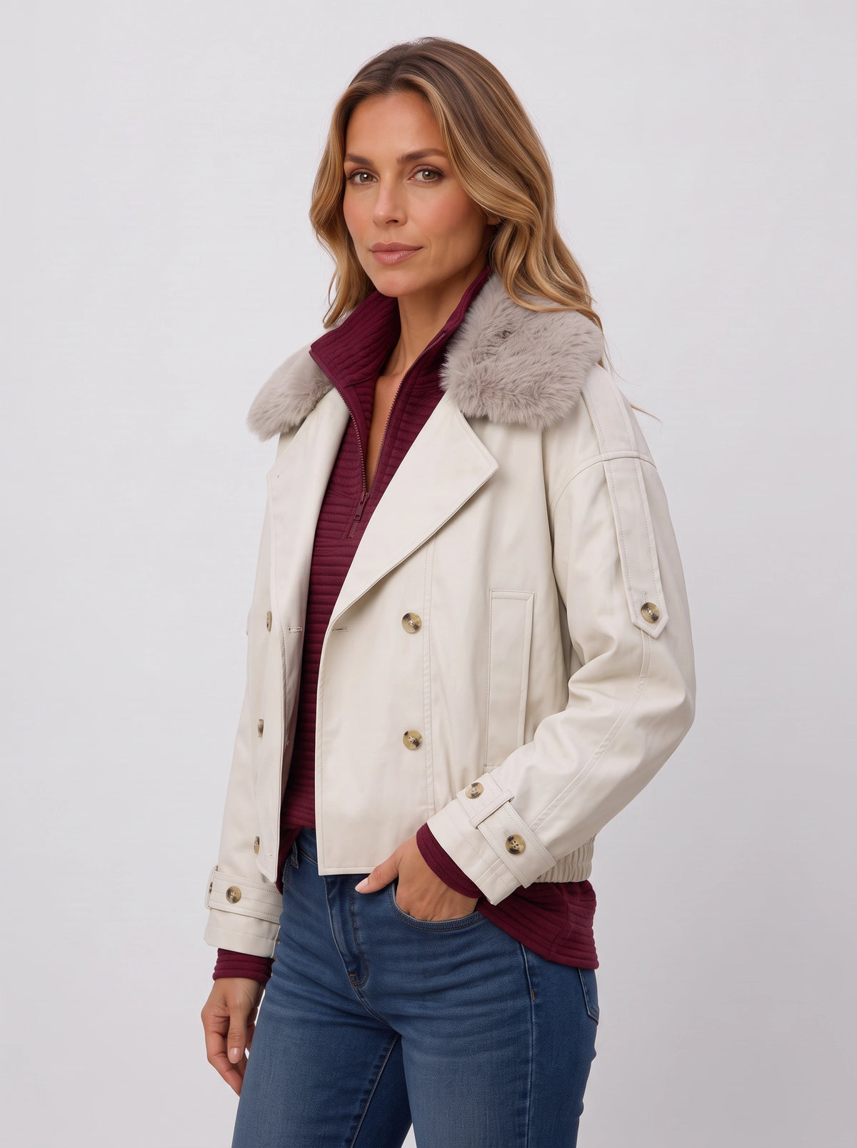 Furlette Faux Fur Double-Breasted Trench Jacket – Women Cropped Aviator Casual Winter Outerwear Blazer