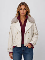 Furlette Faux Fur Double-Breasted Trench Jacket – Women Cropped Aviator Casual Winter Outerwear Blazer