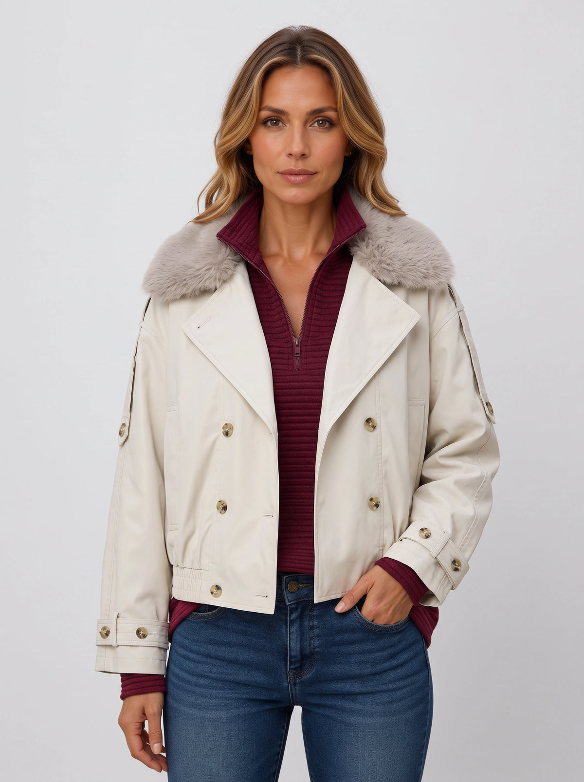 Furlette Faux Fur Double-Breasted Trench Jacket – Women Cropped Aviator Casual Winter Outerwear Blazer