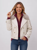 Furlette Faux Fur Double-Breasted Trench Jacket – Women Cropped Aviator Casual Winter Outerwear Blazer