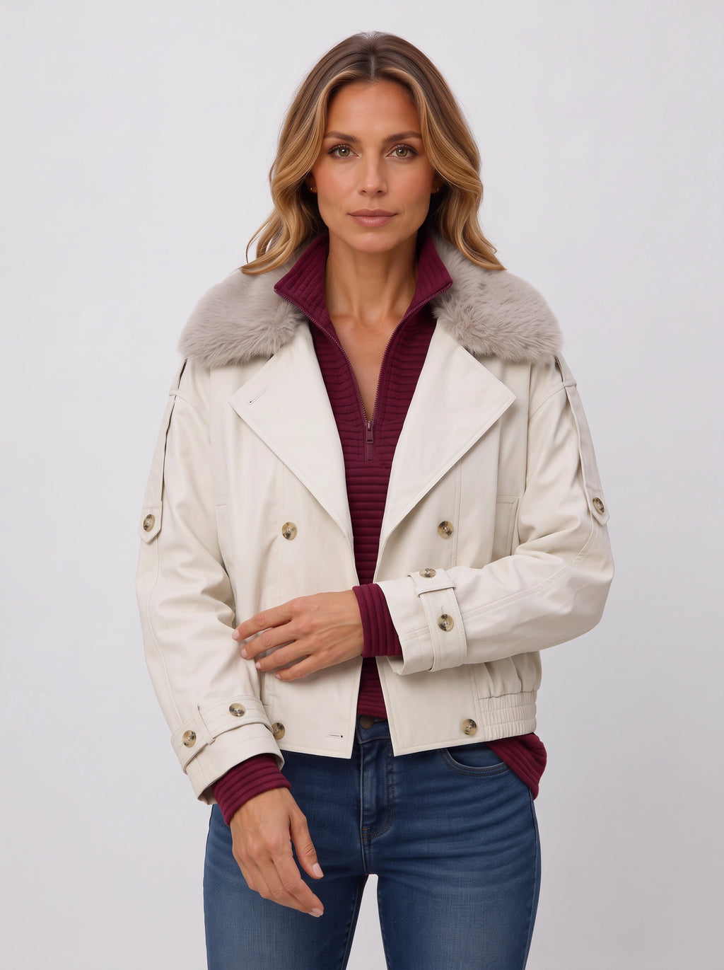 Furlette Faux Fur Double-Breasted Trench Jacket – Women Cropped Aviator Casual Winter Outerwear Blazer