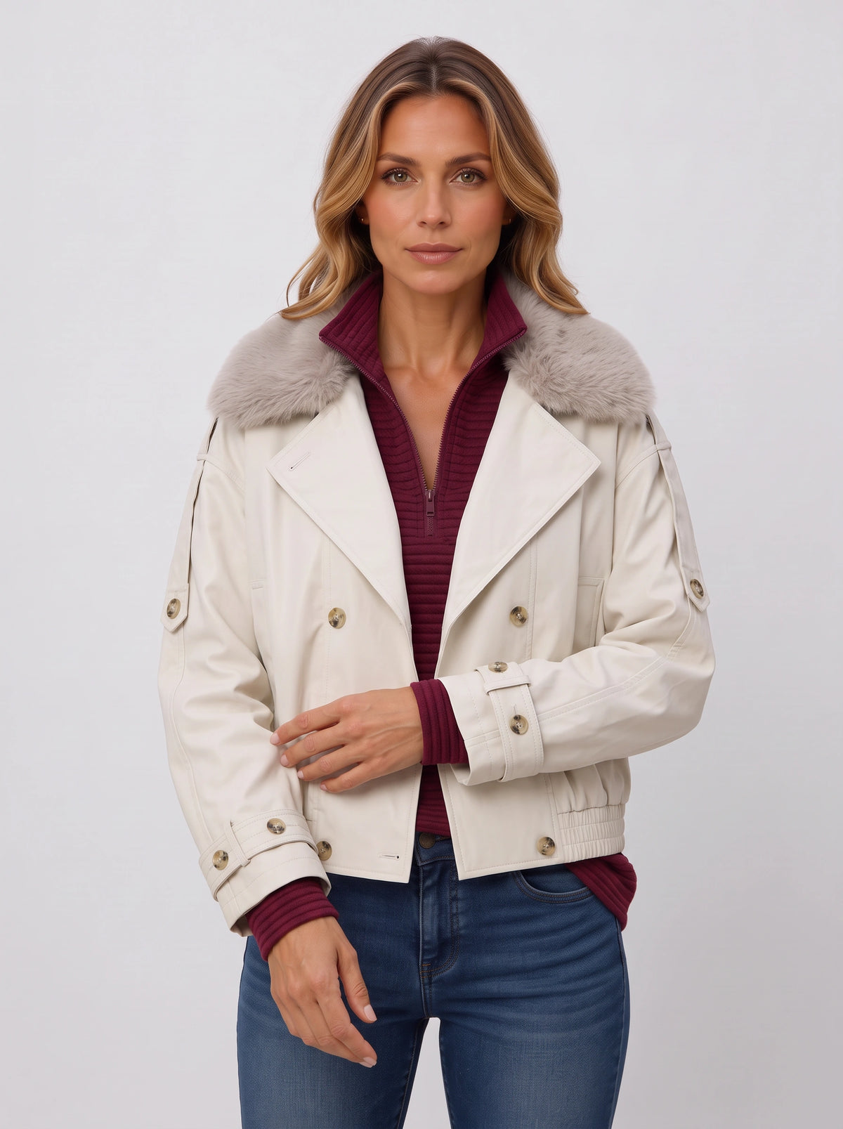 Furlette Faux Fur Double-Breasted Trench Jacket – Women Cropped Aviator Casual Winter Outerwear Blazer