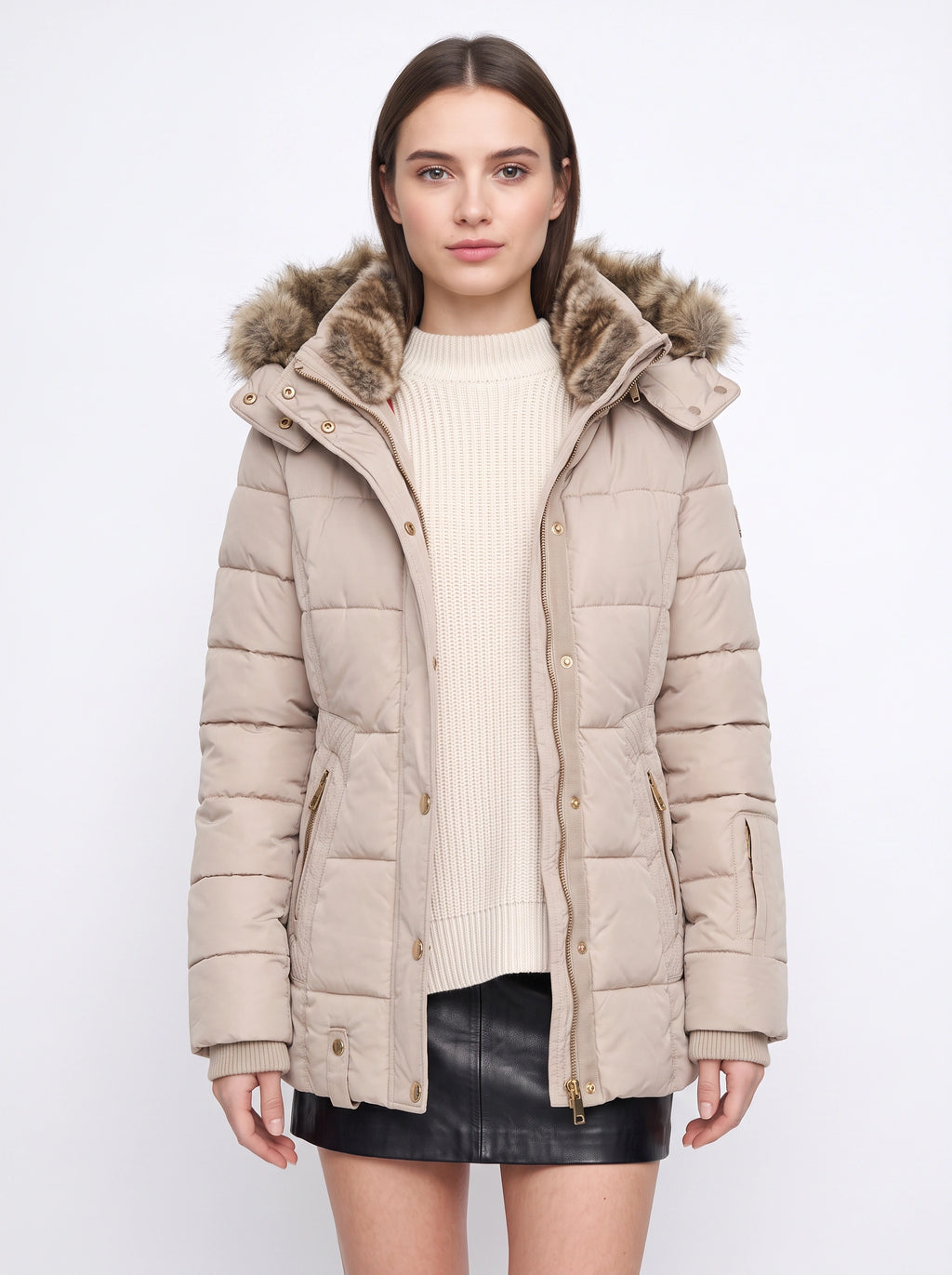 Veyzandra Faux Fur Hood Quilted Puffer Coat – Women Padded Winter Jacket Casual Parka Longline