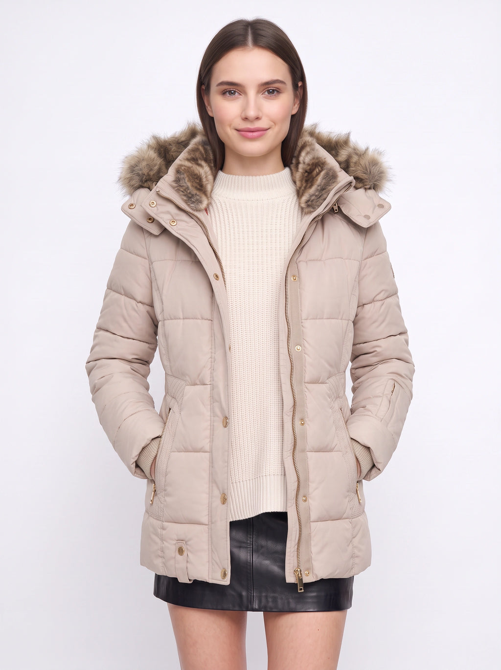 Veyzandra Faux Fur Hood Quilted Puffer Coat – Women Padded Winter Jacket Casual Parka Longline