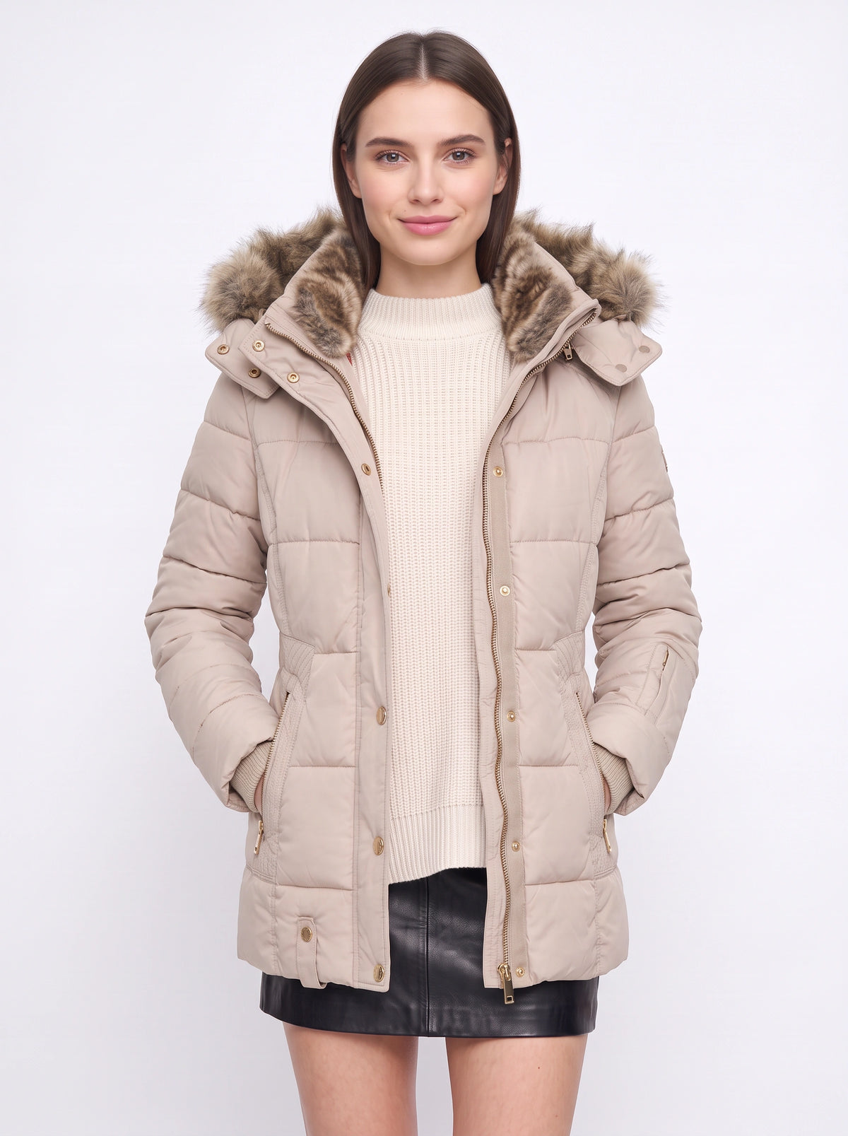Veyzandra Faux Fur Hood Quilted Puffer Coat – Women Padded Winter Jacket Casual Parka Longline