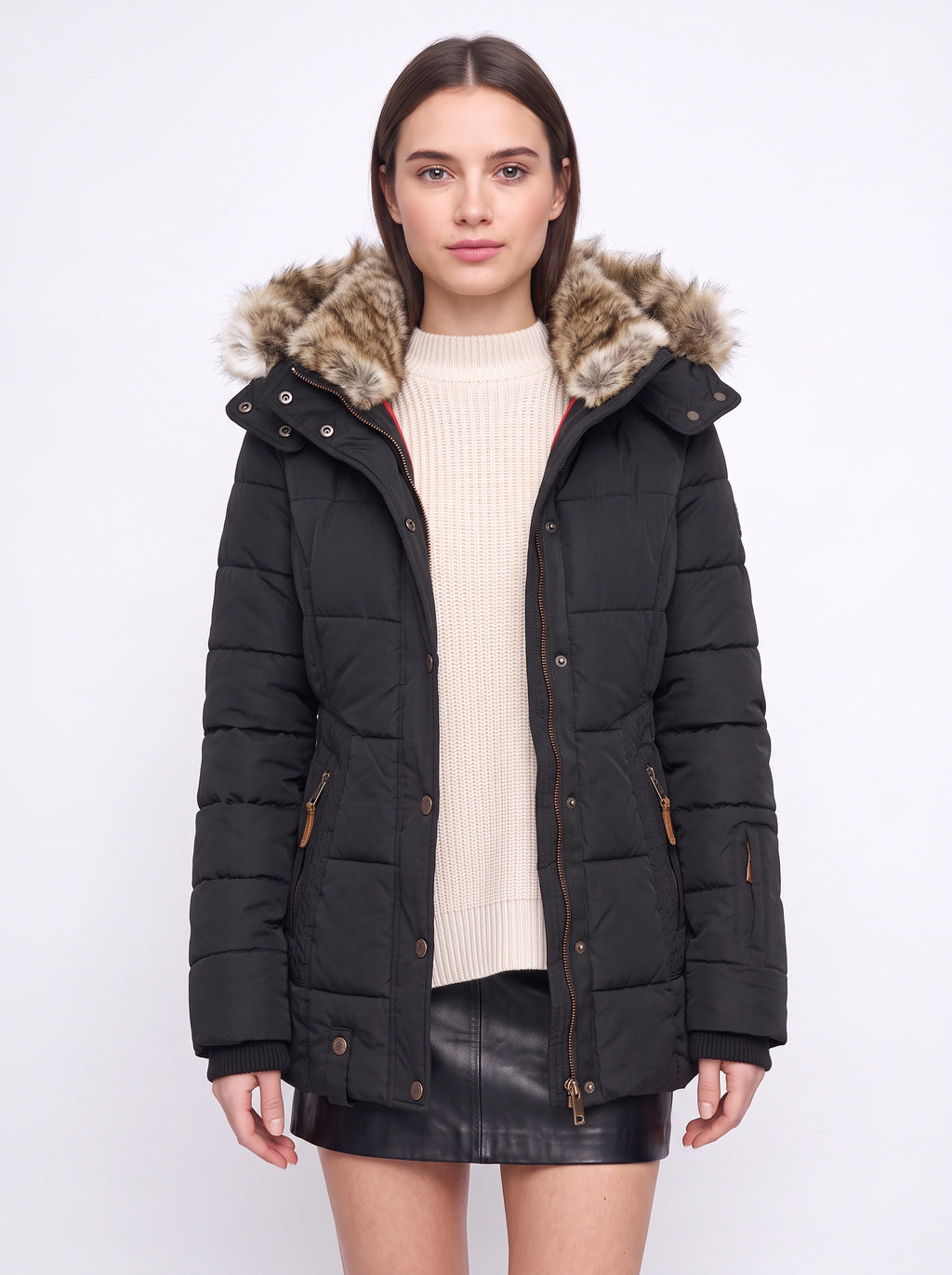 Veyzandra Faux Fur Hood Quilted Puffer Coat – Women Padded Winter Jacket Casual Parka Longline
