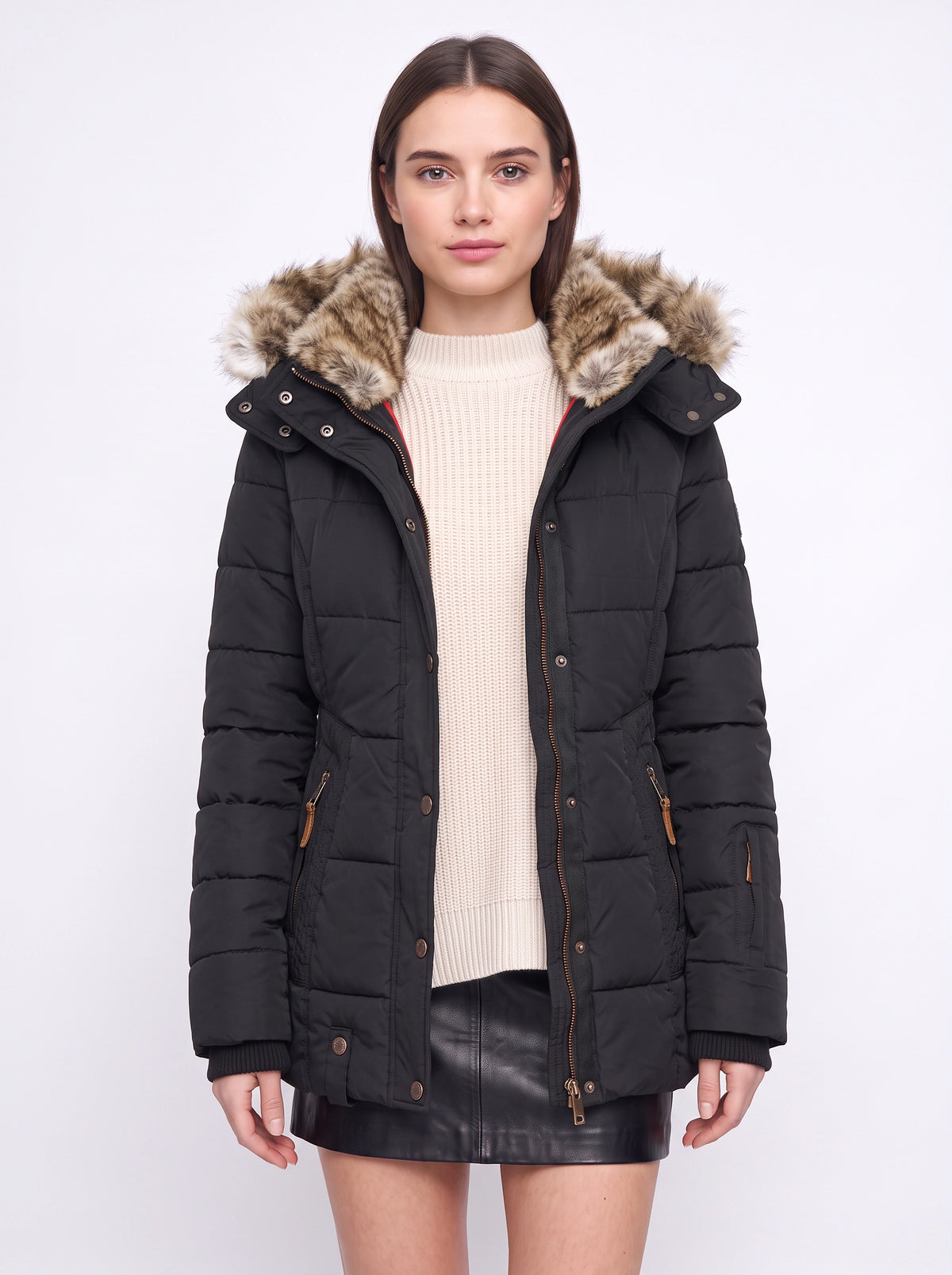 Veyzandra Faux Fur Hood Quilted Puffer Coat – Women Padded Winter Jacket Casual Parka Longline