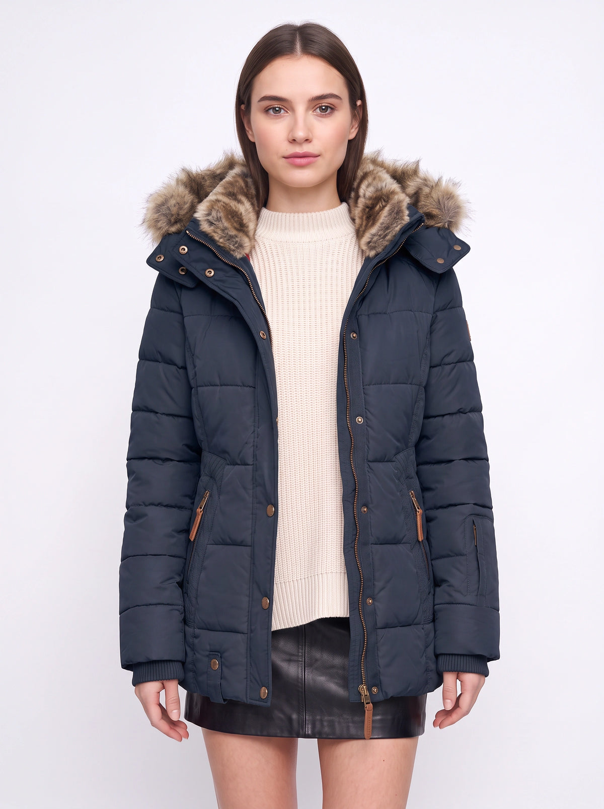 Veyzandra Faux Fur Hood Quilted Puffer Coat – Women Padded Winter Jacket Casual Parka Longline