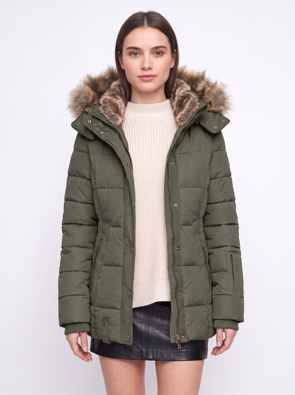 Veyzandra Faux Fur Hood Quilted Puffer Coat – Women Padded Winter Jacket Casual Parka Longline