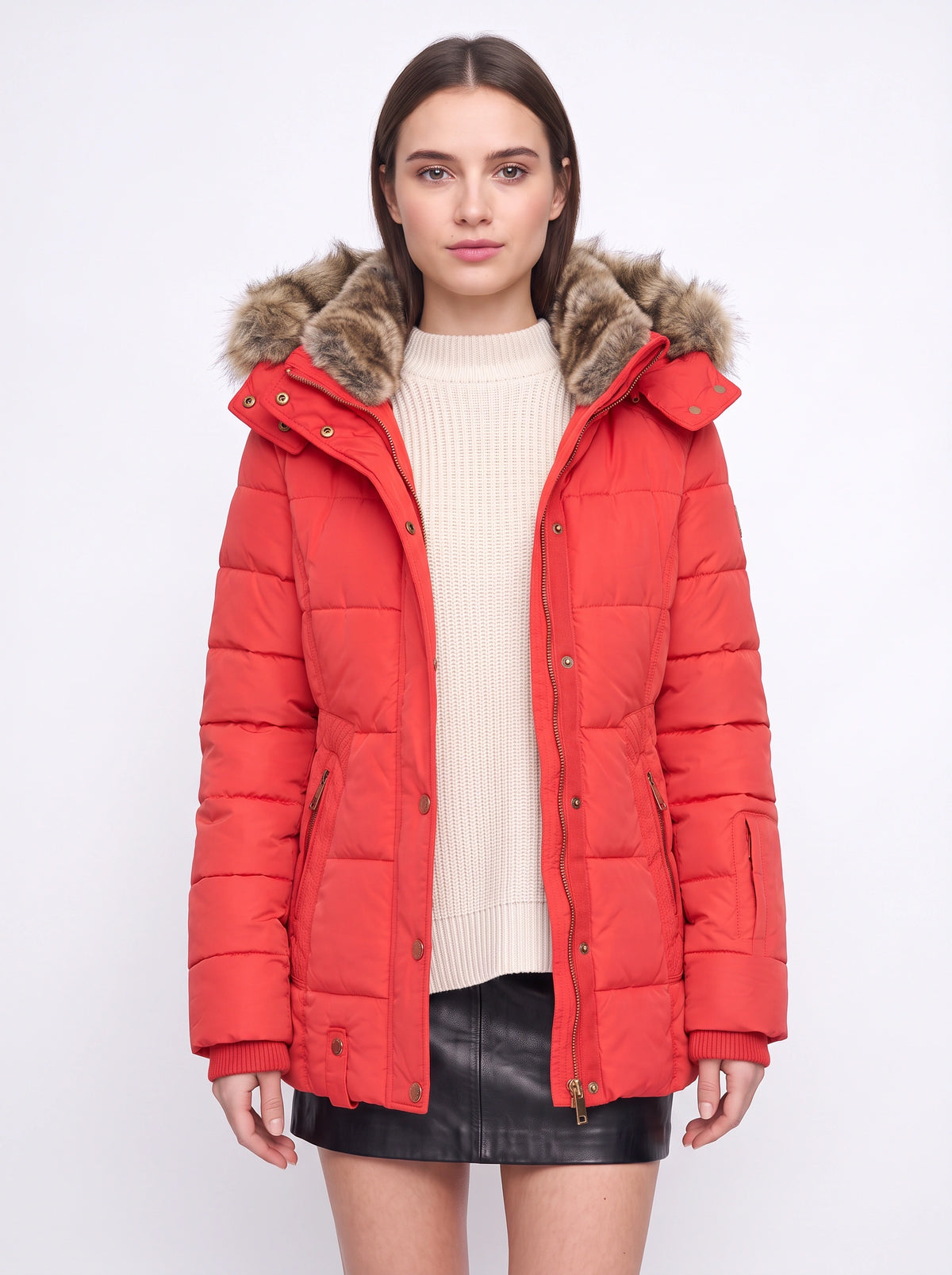 Veyzandra Faux Fur Hood Quilted Puffer Coat – Women Padded Winter Jacket Casual Parka Longline