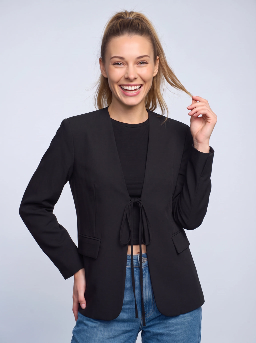 Tydraice Tie-Front Blazer – Women Oversized Deep V-Neck Tailored Office Casual Autumn Fall Blazer