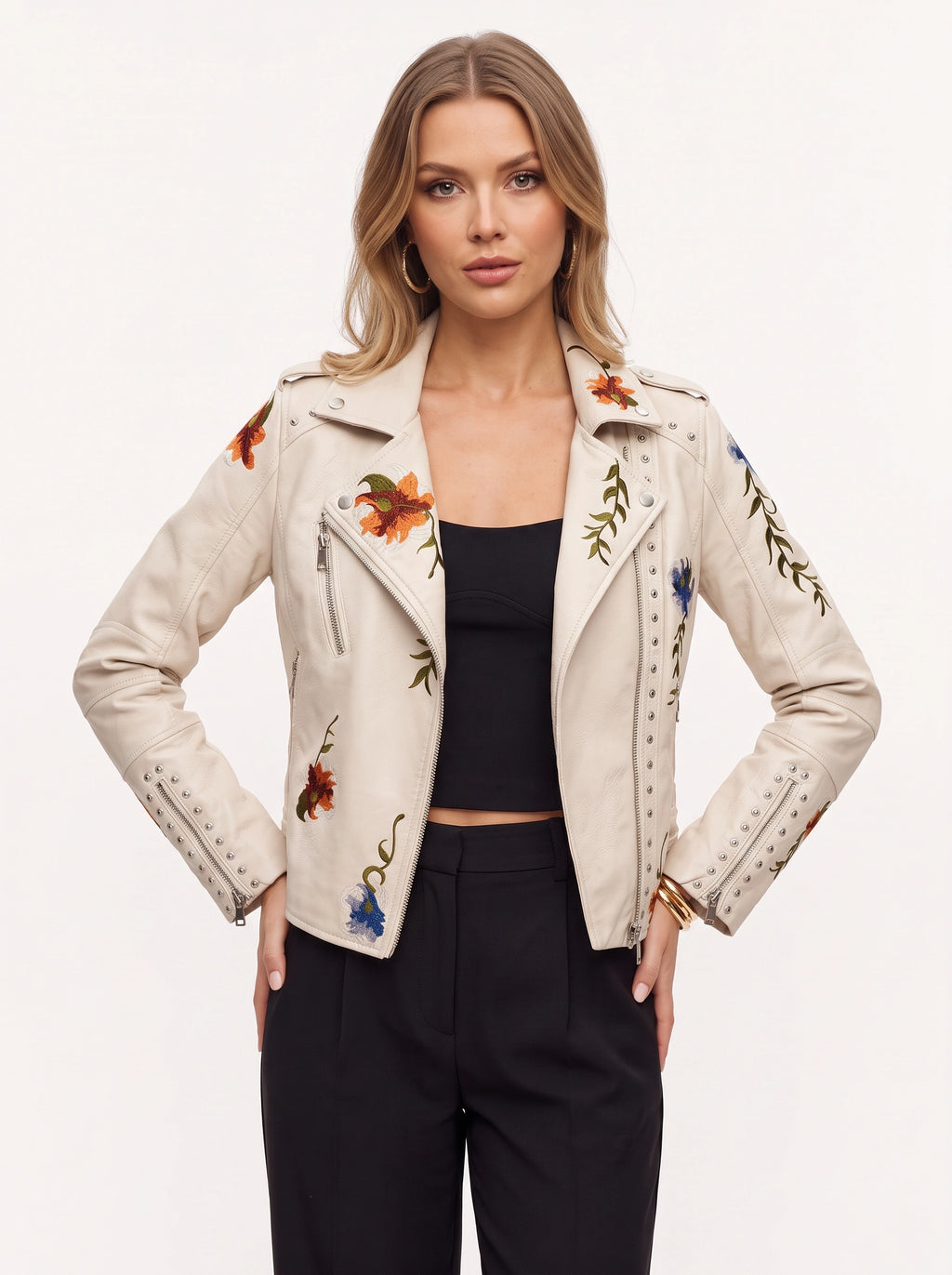 Studrenn Embroidered Biker Jacket – Floral Faux Leather Women Autumn Casual Motorbike Festival Biker Jacket
