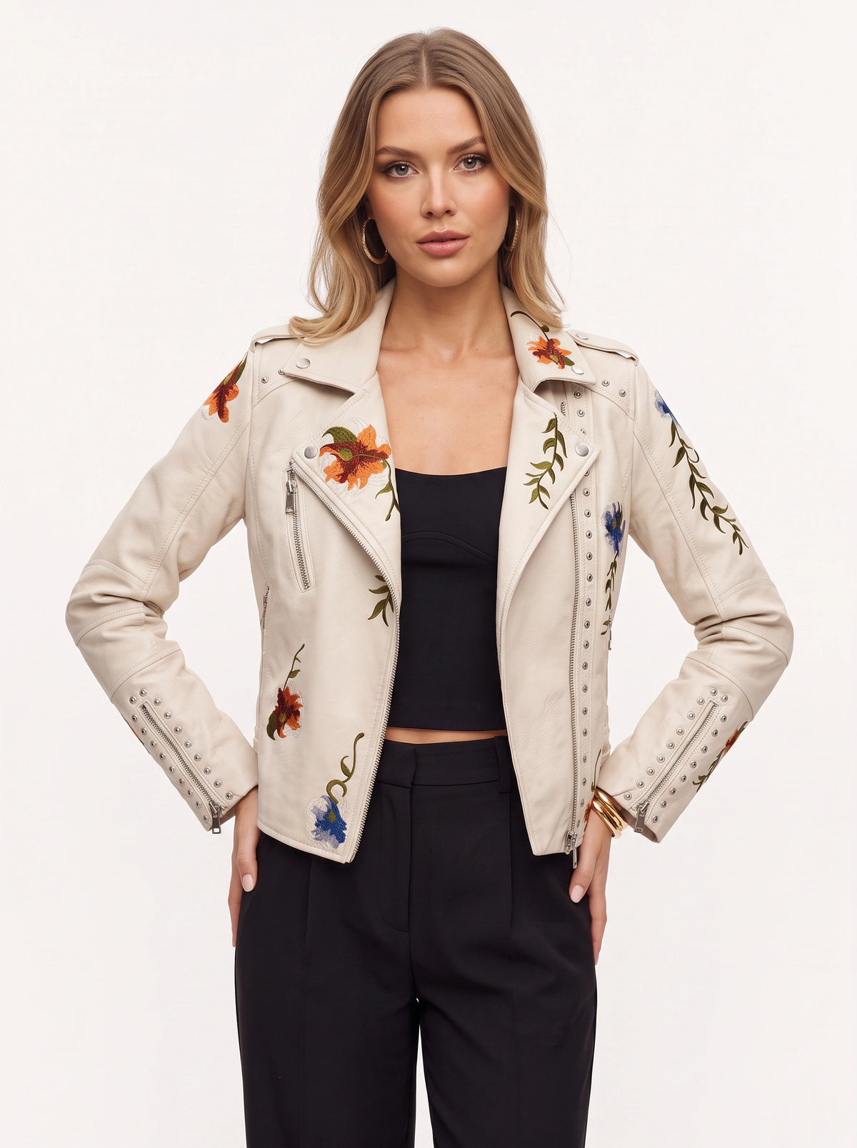 Studrenn Embroidered Biker Jacket – Floral Faux Leather Women Autumn Casual Motorbike Festival Biker Jacket