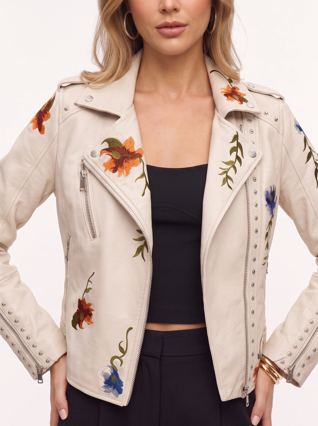Studrenn Embroidered Biker Jacket – Floral Faux Leather Women Autumn Casual Motorbike Festival Biker Jacket