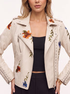 Studrenn Embroidered Biker Jacket – Floral Faux Leather Women Autumn Casual Motorbike Festival Biker Jacket