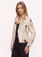Studrenn Embroidered Biker Jacket – Floral Faux Leather Women Autumn Casual Motorbike Festival Biker Jacket