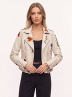 Studrenn Embroidered Biker Jacket – Floral Faux Leather Women Autumn Casual Motorbike Festival Biker Jacket