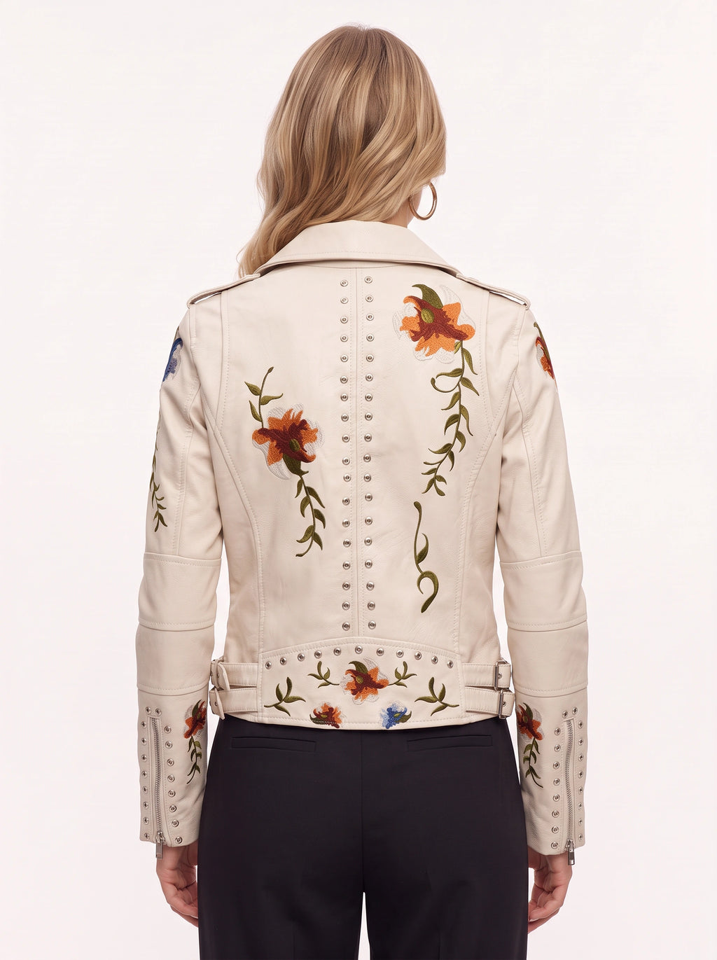 Studrenn Embroidered Biker Jacket – Floral Faux Leather Women Autumn Casual Motorbike Festival Biker Jacket