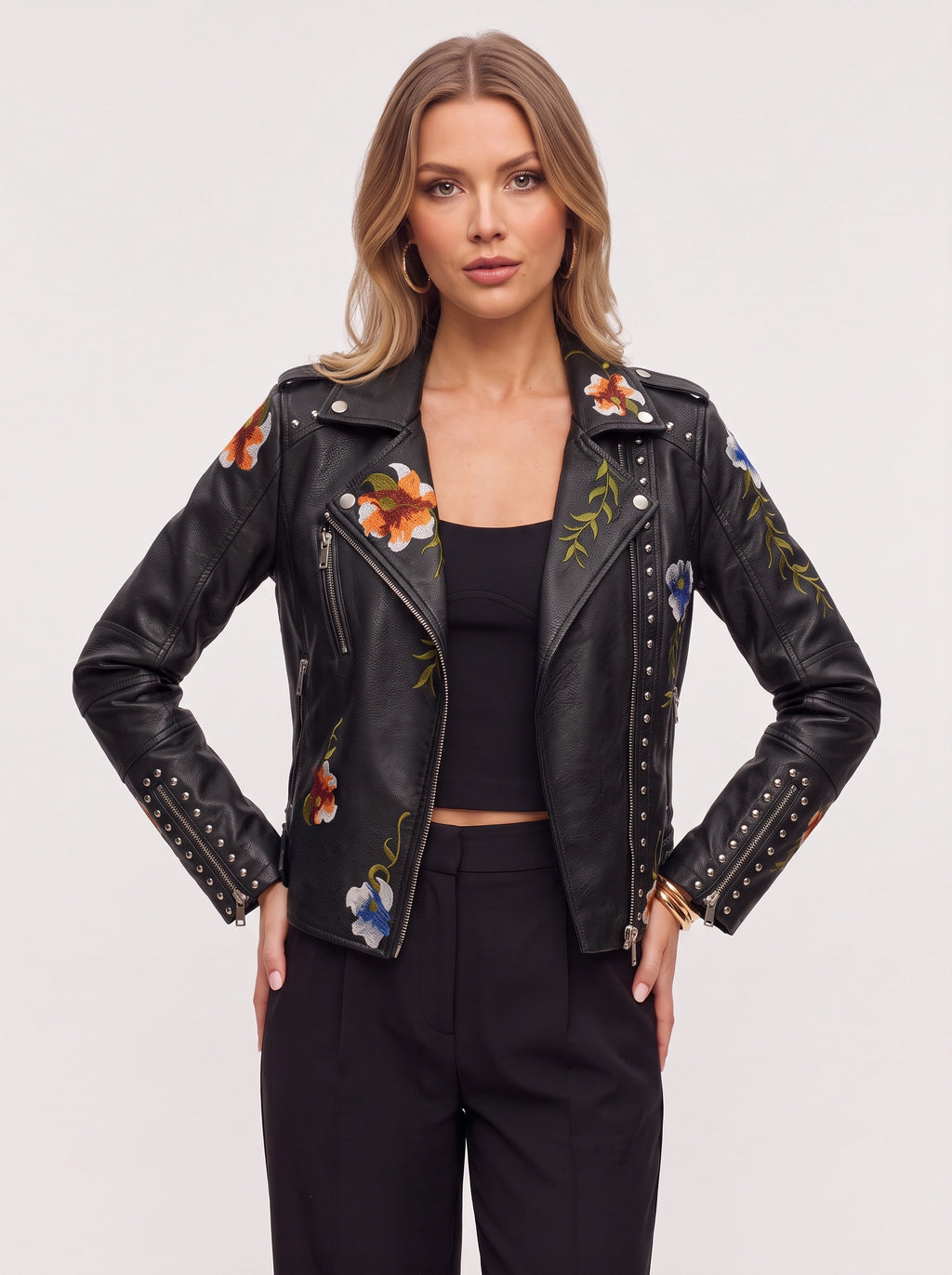 Studrenn Embroidered Biker Jacket – Floral Faux Leather Women Autumn Casual Motorbike Festival Biker Jacket