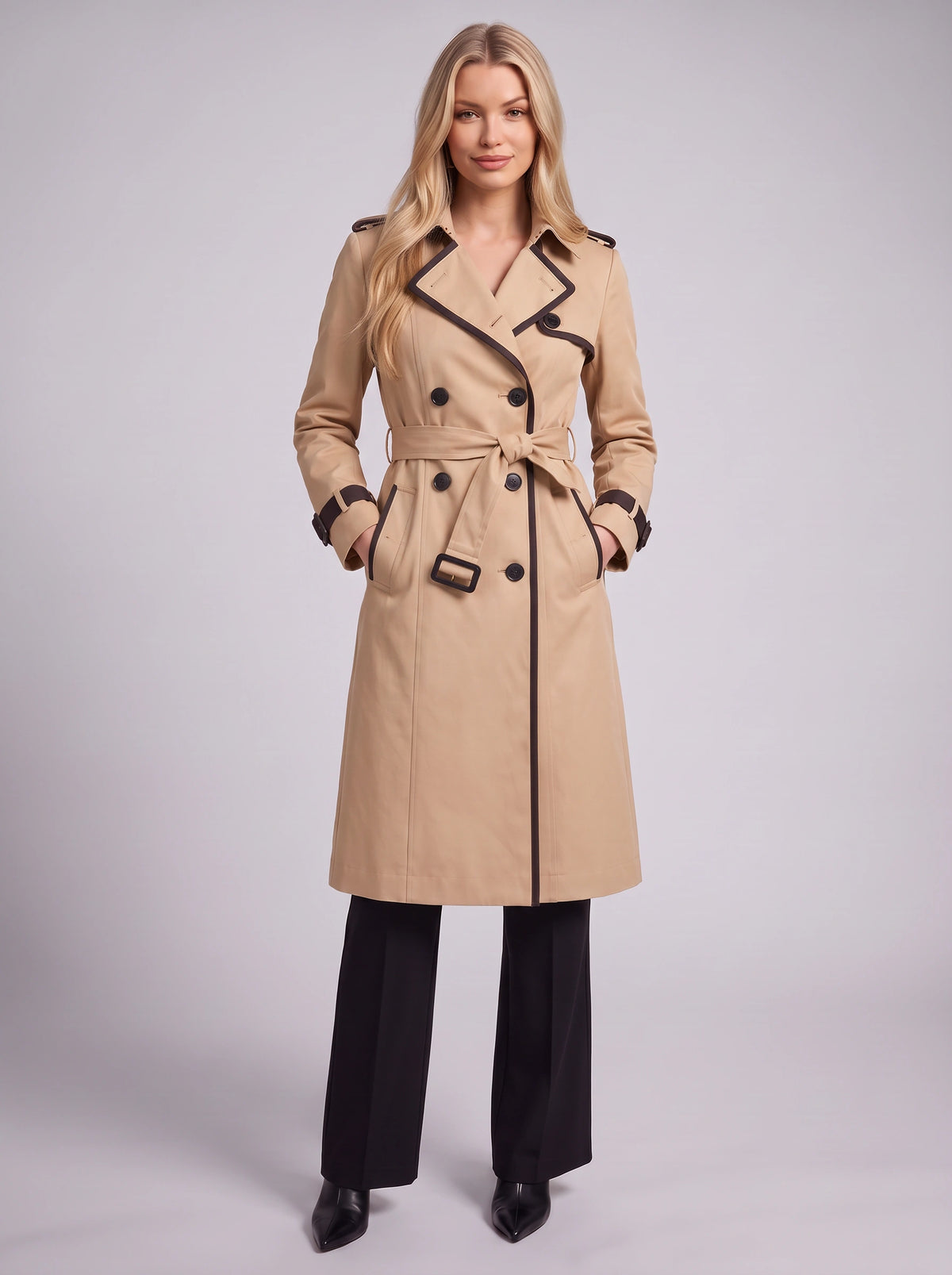 Pipedra Double-Breasted Belted Trench Coat – Women Longline Classic Autumn Winter Smart Casual Office Trench Coat