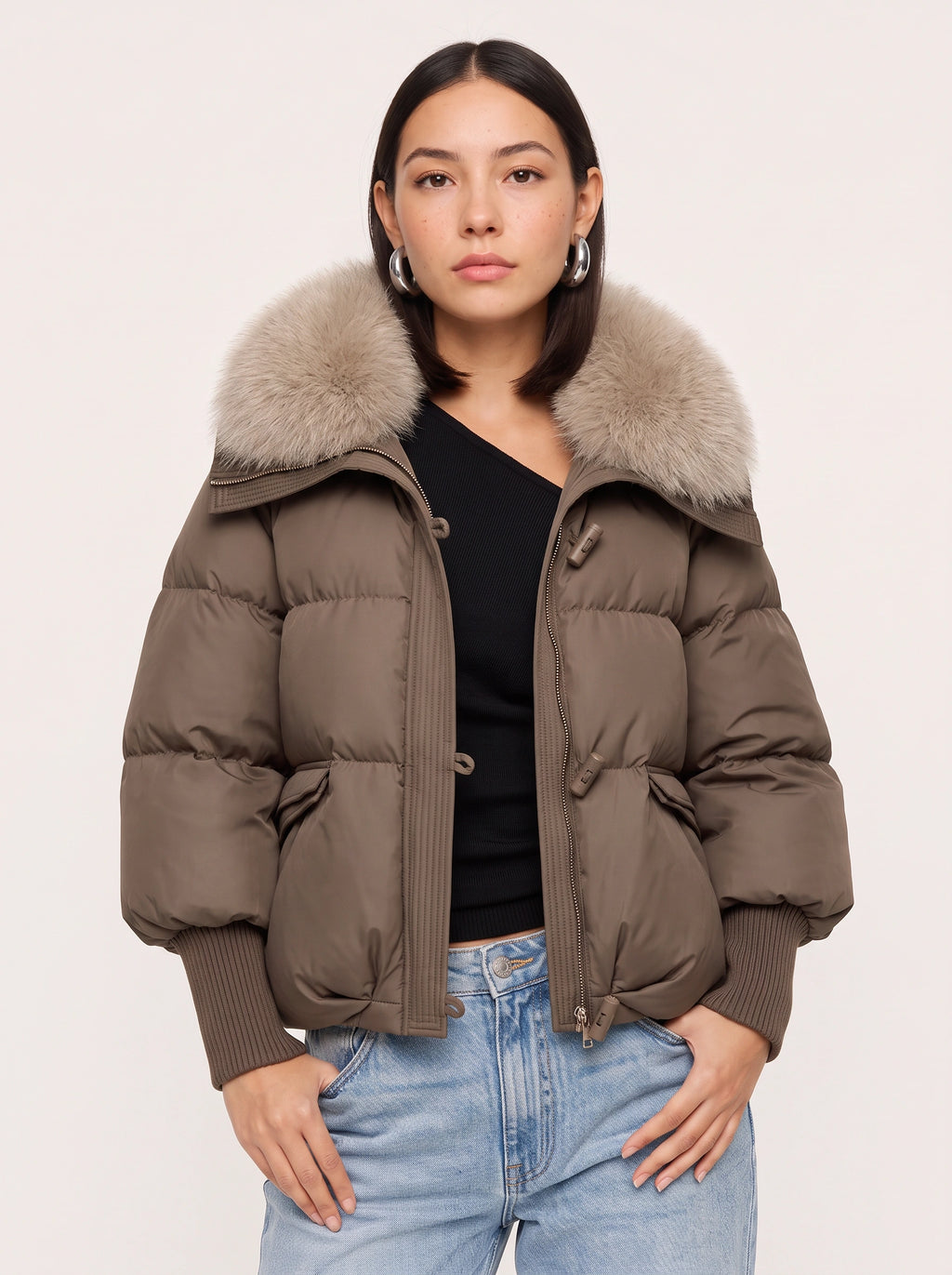 Ribcassa Faux Fur Collar Puffer Jacket – Women Oversized Padded Bomber Winter Coat Cropped Puffer Jacket