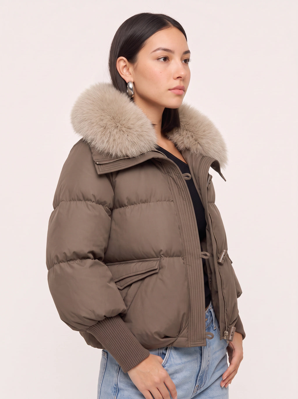 Ribcassa Faux Fur Collar Puffer Jacket – Women Oversized Padded Bomber Winter Coat Cropped Puffer Jacket