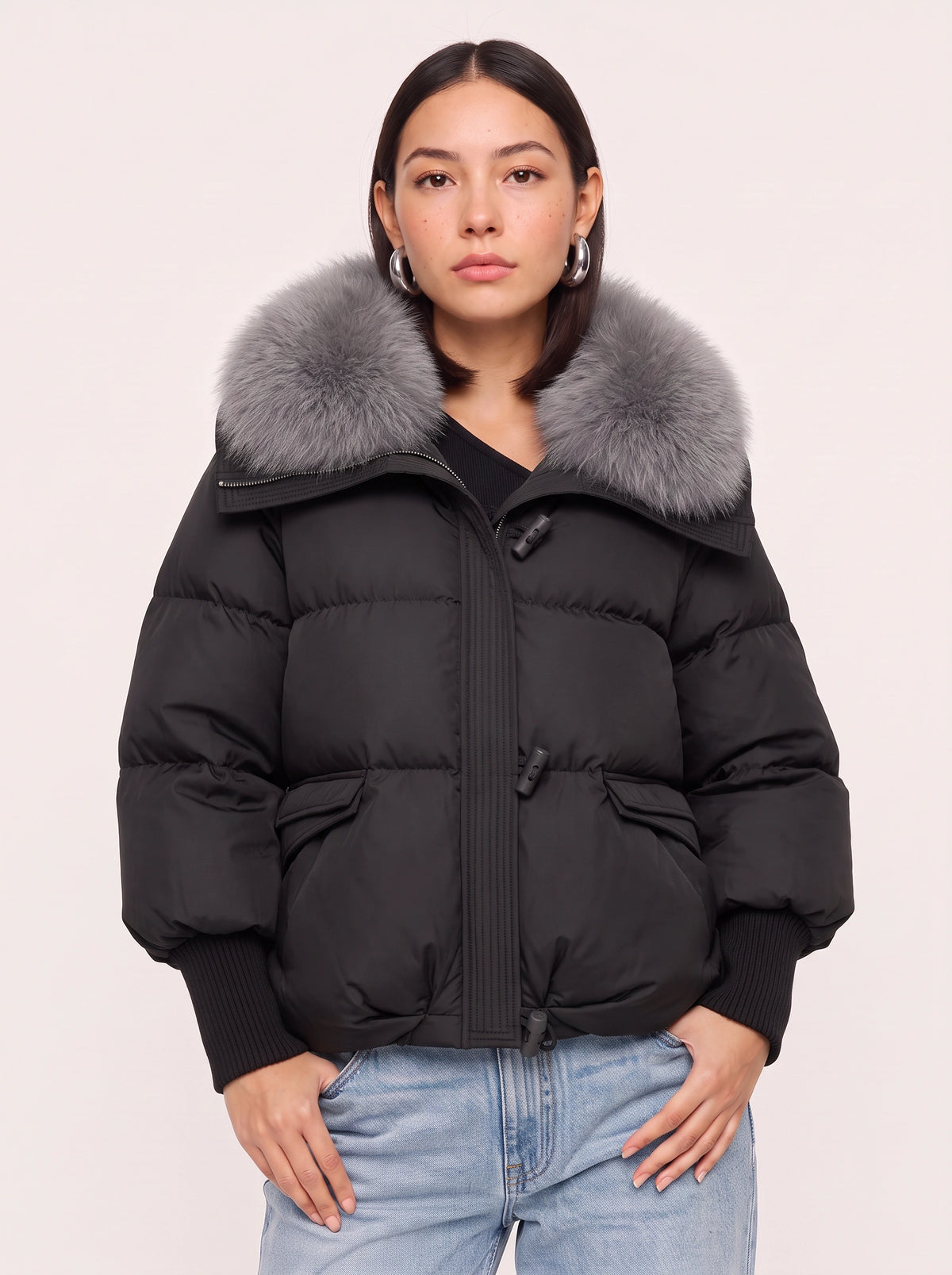 Ribcassa Faux Fur Collar Puffer Jacket – Women Oversized Padded Bomber Winter Coat Cropped Puffer Jacket