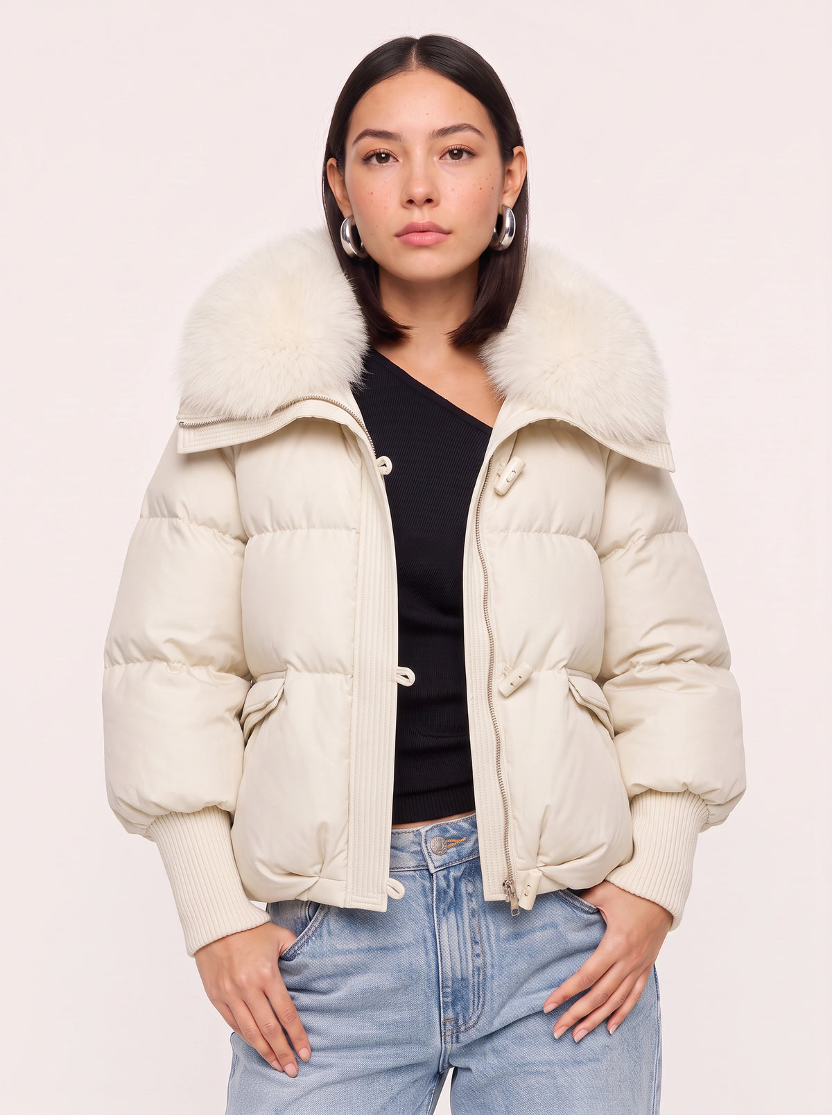 Ribcassa Faux Fur Collar Puffer Jacket – Women Oversized Padded Bomber Winter Coat Cropped Puffer Jacket