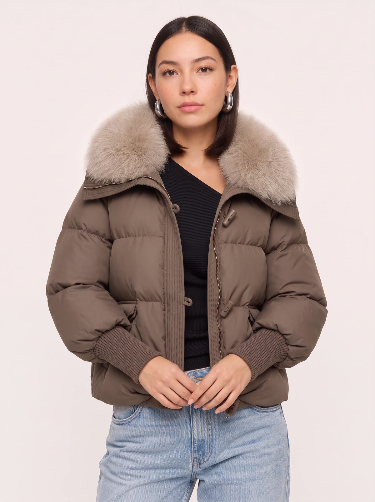 Ribcassa Faux Fur Collar Puffer Jacket – Women Oversized Padded Bomber Winter Coat Cropped Puffer Jacket