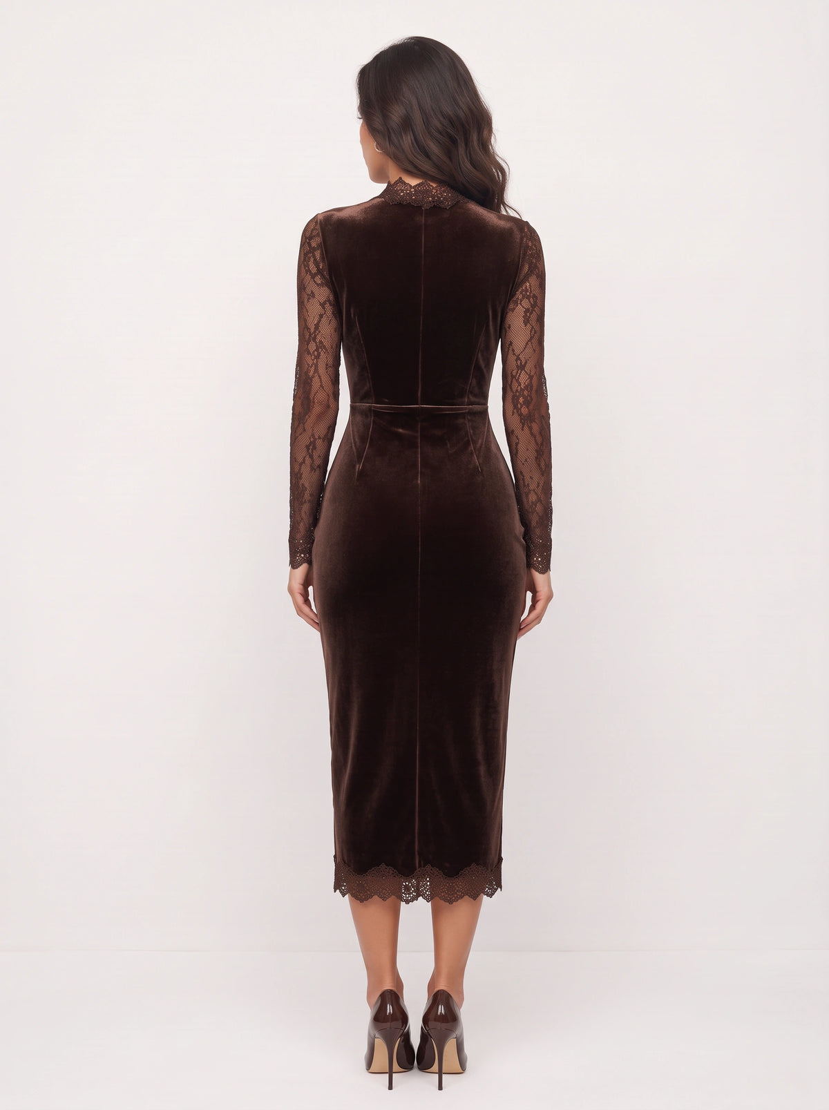 Keyscala Velvet Lace Midi Dress – Keyhole Cut-Out Women Formal Evening Party Wedding Guest Midi Dress