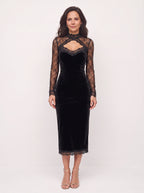 Keyscala Velvet Lace Midi Dress – Keyhole Cut-Out Women Formal Evening Party Wedding Guest Midi Dress