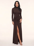 Sashira High Neck Ruched Split Maxi Dress – Formal Evening Women Party Wedding Guest Long Sleeve Maxi Dress