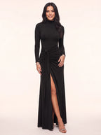 Sashira High Neck Ruched Split Maxi Dress – Formal Evening Women Party Wedding Guest Long Sleeve Maxi Dress