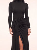 Sashira High Neck Ruched Split Maxi Dress – Formal Evening Women Party Wedding Guest Long Sleeve Maxi Dress