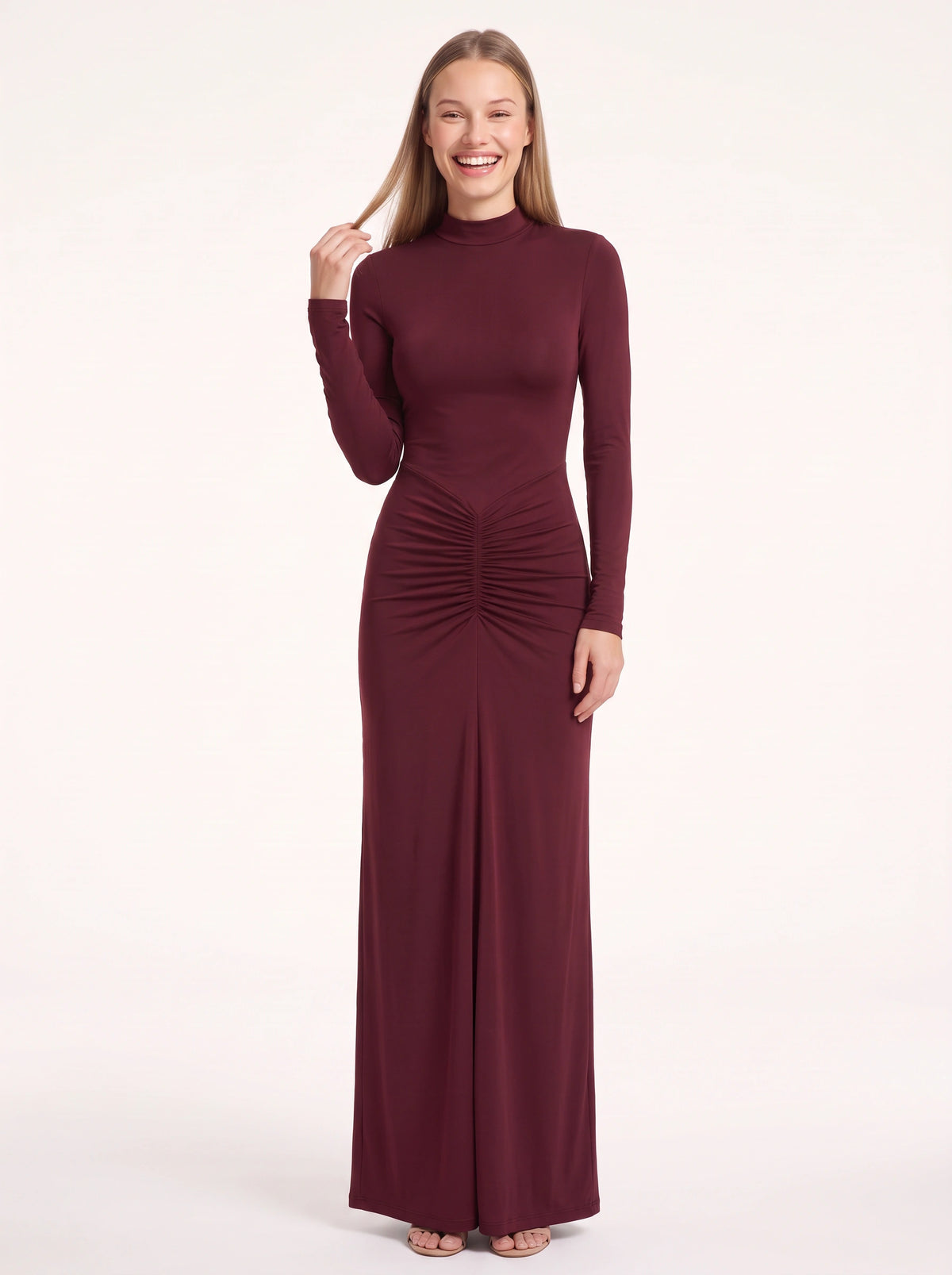 Ruschelle High Neck Maxi Dress – Long Sleeve Bodycon Evening Women Formal Wedding Guest Party Maxi Dress