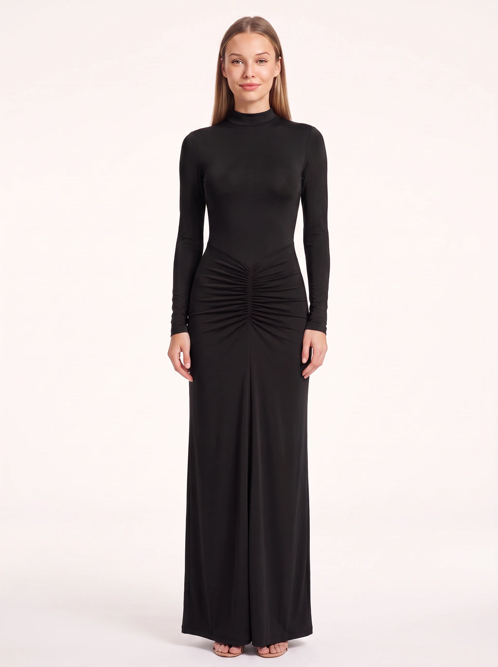 Ruschelle High Neck Maxi Dress – Long Sleeve Bodycon Evening Women Formal Wedding Guest Party Maxi Dress
