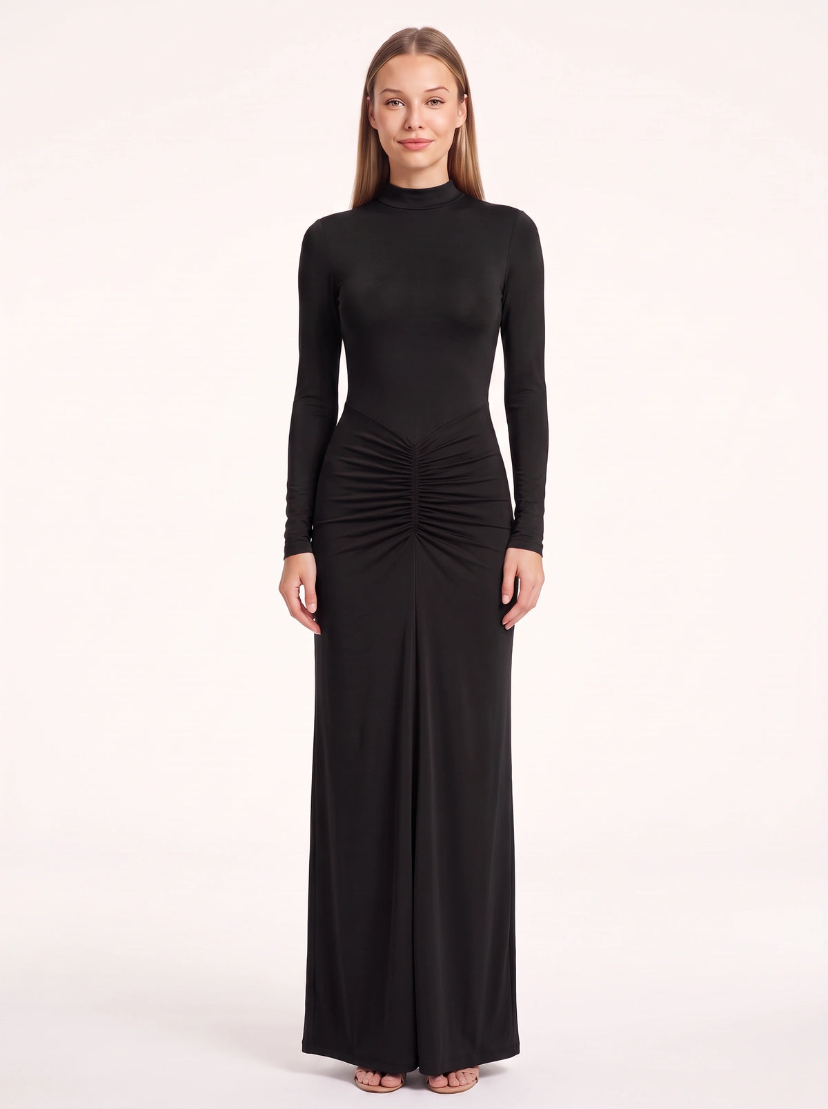 Ruschelle High Neck Maxi Dress – Long Sleeve Bodycon Evening Women Formal Wedding Guest Party Maxi Dress