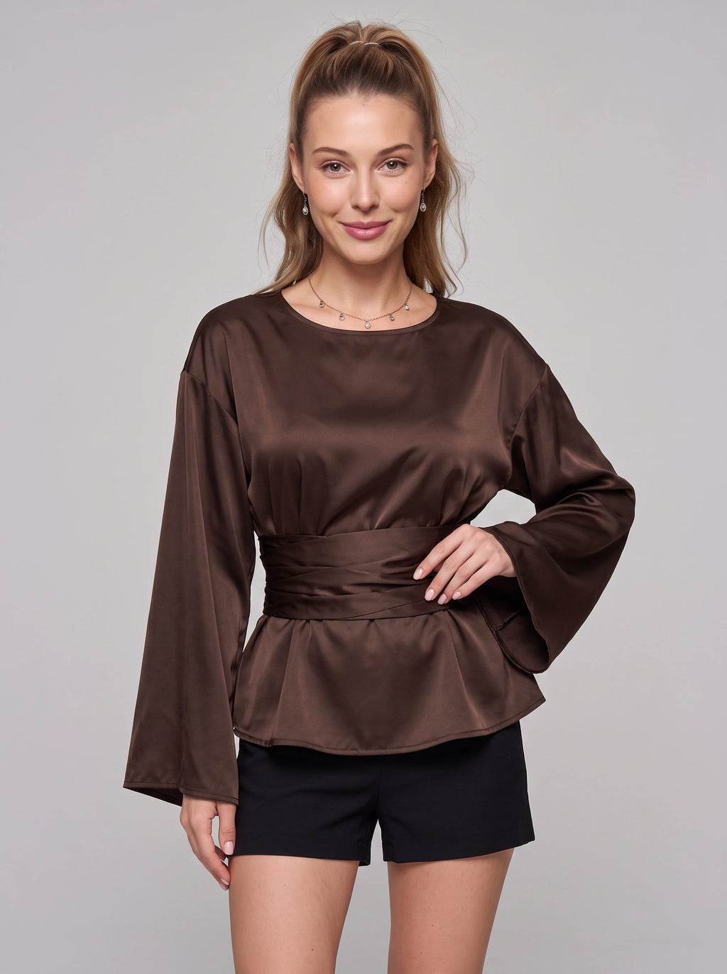 Wrashea Satin Tie-Waist Peplum Top – Long Sleeve Women Formal Evening Party Elegant Blouse