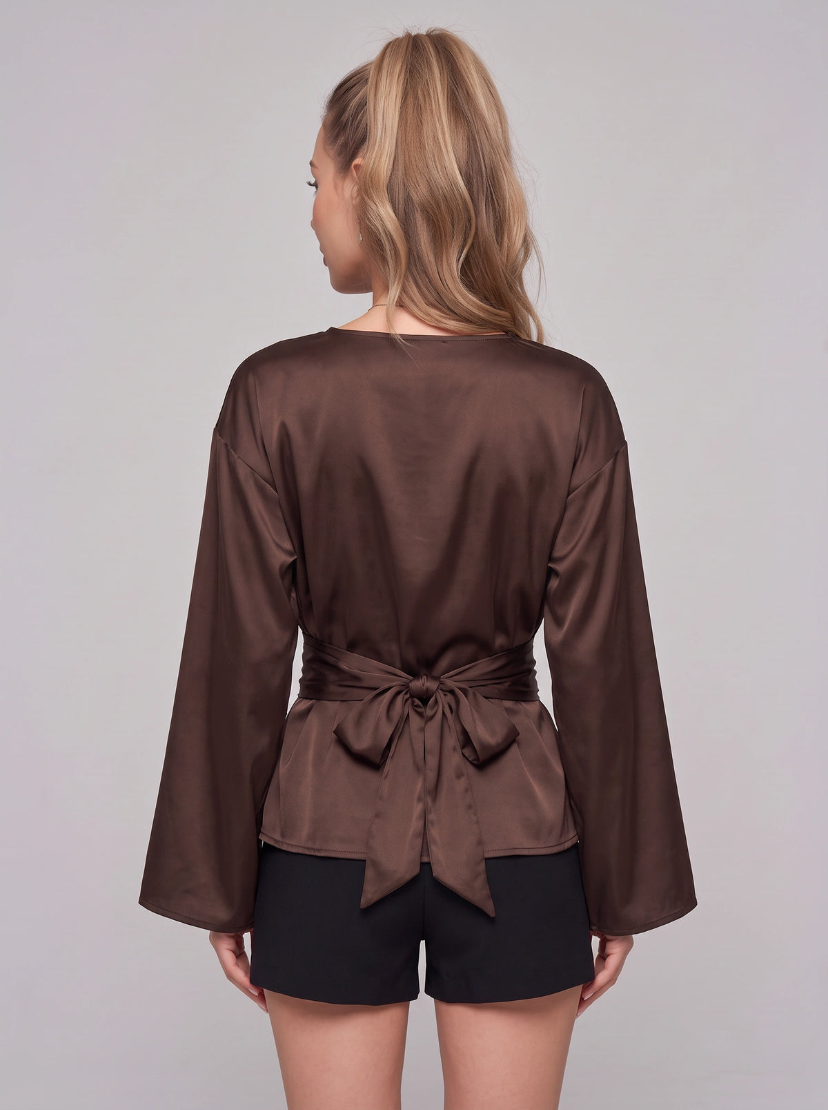 Wrashea Satin Tie-Waist Peplum Top – Long Sleeve Women Formal Evening Party Elegant Blouse