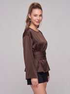 Wrashea Satin Tie-Waist Peplum Top – Long Sleeve Women Formal Evening Party Elegant Blouse