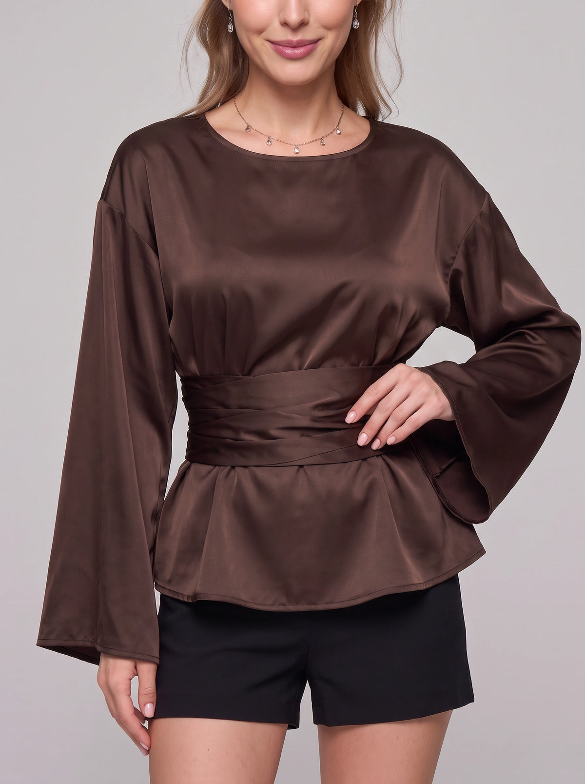 Wrashea Satin Tie-Waist Peplum Top – Long Sleeve Women Formal Evening Party Elegant Blouse