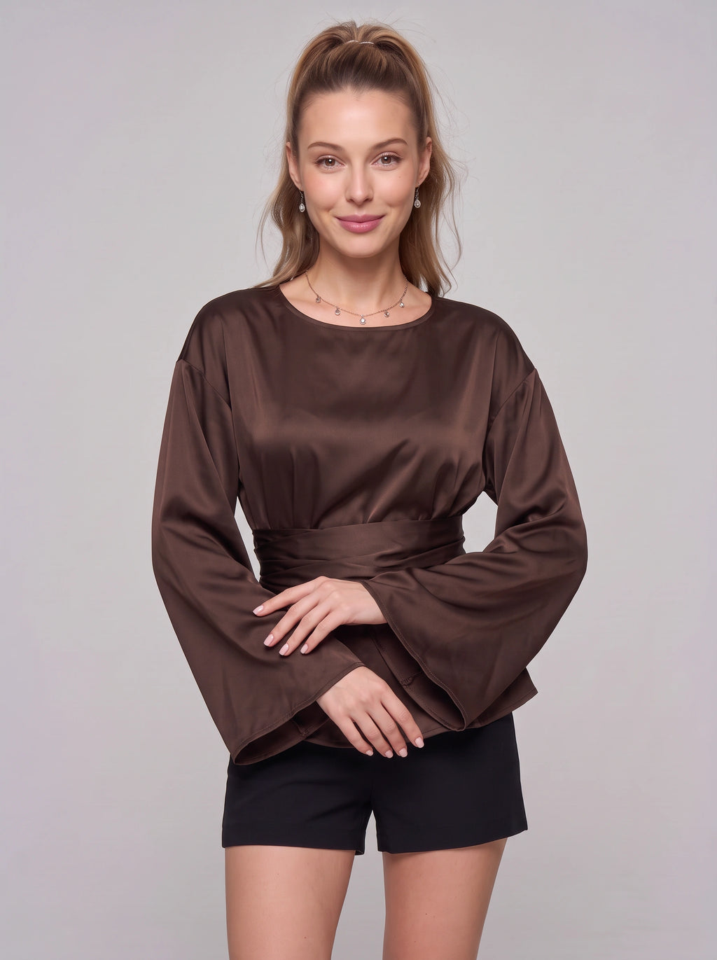 Wrashea Satin Tie-Waist Peplum Top – Long Sleeve Women Formal Evening Party Elegant Blouse