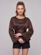 Wrashea Satin Tie-Waist Peplum Top – Long Sleeve Women Formal Evening Party Elegant Blouse