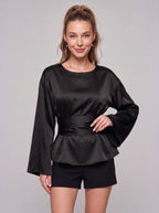 Wrashea Satin Tie-Waist Peplum Top – Long Sleeve Women Formal Evening Party Elegant Blouse