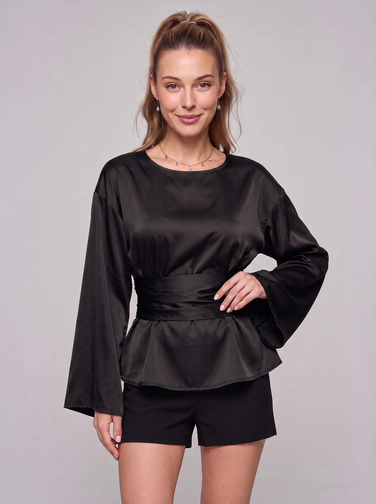 Wrashea Satin Tie-Waist Peplum Top – Long Sleeve Women Formal Evening Party Elegant Blouse